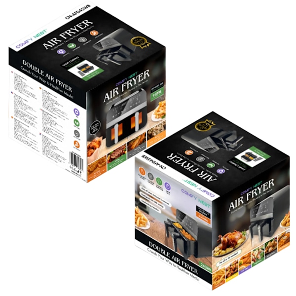 Comfy Nest CN-AFD45WB: 2400W svart dubbelkorg digital luftfritös med fönster - 9L