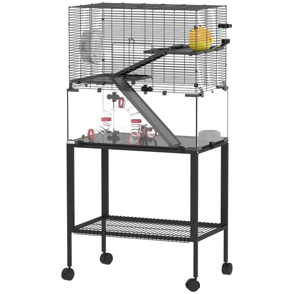 Kolmikerroksinen hamsterinhäkki pyörillä ja lisävarusteilla