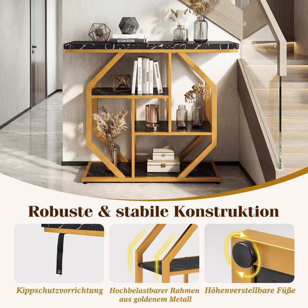 Konsolbord, 4-lags, bordplade i imiteret marmor, sort, 100 cm
