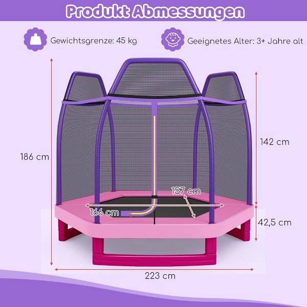 Ø223cm trädgårdstrampolin med skyddsnät inomhus/utomhusstudsmatta för barn rosa