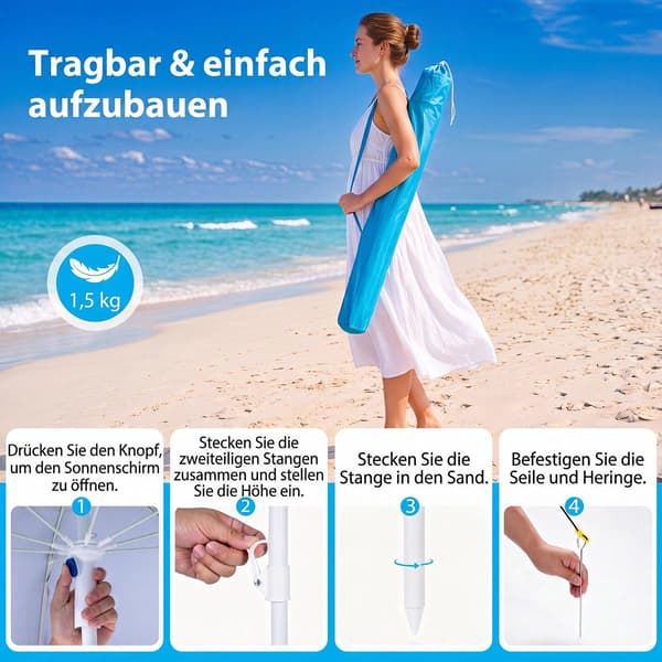 Strandparasol UPF 50+ med sidepaneler, turkis