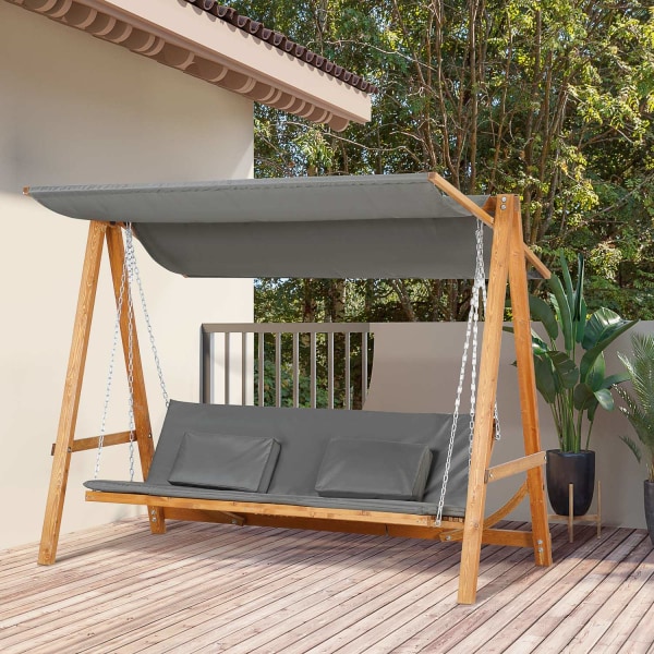 Hollywood Gynge Med Sengefunktion, 3-Personers, Havegynge Med Tag, Fyrretræ, Grå + Teak, 225,5X113X180Cm