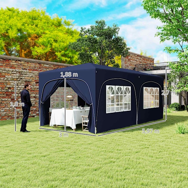Lysthus ca 3x6m, vandafvisende, stabilt, vintertæt pop-up foldepavillon, UV-beskyttelse 50+, sammenfoldeligt partytelt, havetelt med 6 sidepaneler, lo
