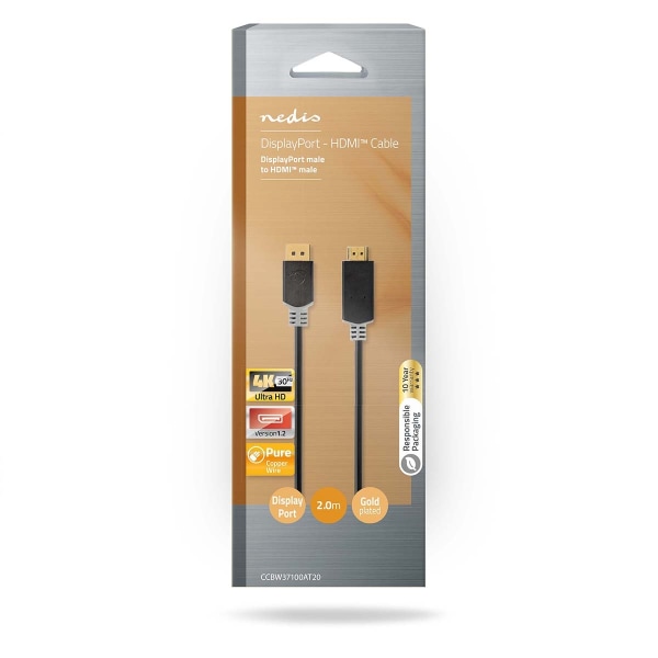 Displayport kabel | DisplayPort Han | HDMI™ Stik | 4K@30Hz | Guldplateret | 2.00 m | Runde | PVC | Antracit | Box