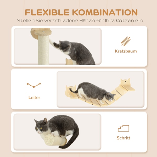 Kattklätterväggsset, 3-delad kattmöbel med skrapstolpe, stegplatta, stege, väggskrapstolpe för katter upp till 5 kg, gjord av furu, naturligt trä