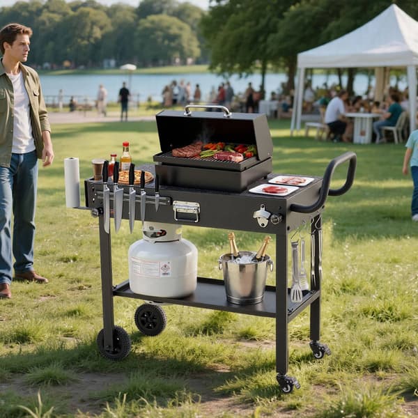 Udendørs grillvognsbord, foldbart, hjul, 86 x 43 cm