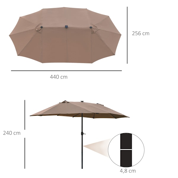 Aurinkovarjo LED-kaksoisvarjolla 440 x 260 cm puutarhasateenvarjo patio sateenvarjo iso soikea käsikammalla ja metallirungolla khaki