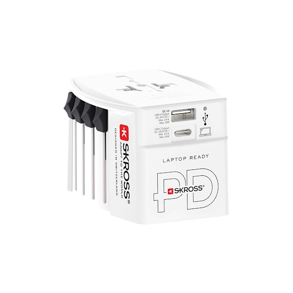 Reseadapter 2-polig världsreseadapter med integrerad Dual USB-laddare (1x USB C & 1 x USB) 45 Watts strömförsörjning