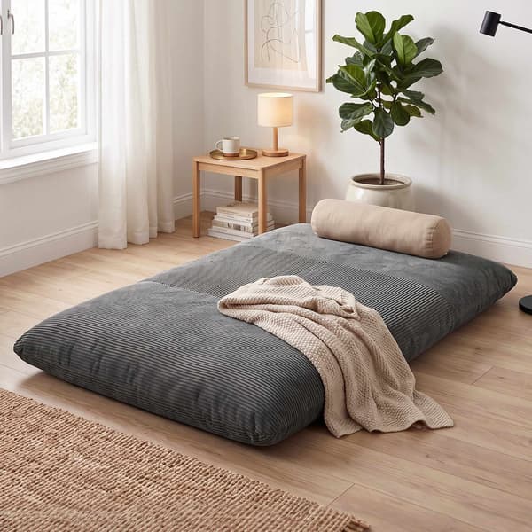 Konvertibel bäddsoffa i sladd, mörkgrå, 145x184 cm