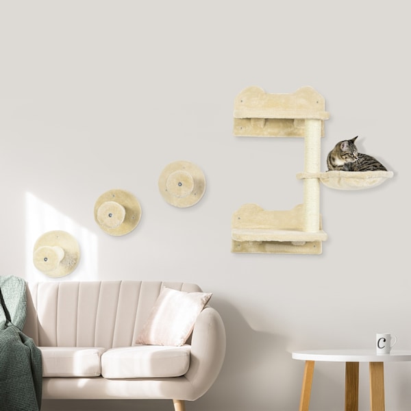 Sukellustorni Ja 3 Raapimistolppaa, Kiipeilyseinä Riippumatolla, Beige + Kermanvalkoinen