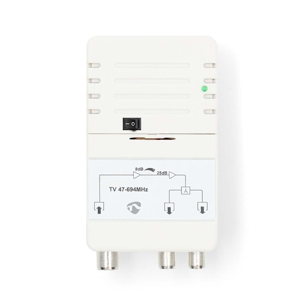 CATV forstærker | Forstærkning: 25 dB | 47 - 694 MHz | Antal udgange: 2 | Få kontrol | Hvid