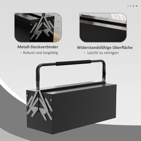 Værktøjskasse, værktøjskasse, 5 rum, foldbart stål (SPCC) sort, 56 x 20 x 41 cm