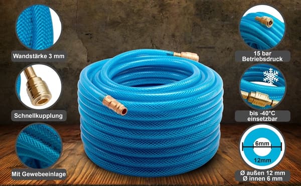 Tryckluftsslang 1/4" x 20m, 15 bar, slitstarkt gummi, böjfri