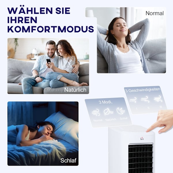 3 i 1 mobil luftkonditionering med befuktning Vattenkylning, automatisk oscillerande 7L luftkonditionering med 7,5h timer, 3 hastigheter 65W luftkylar