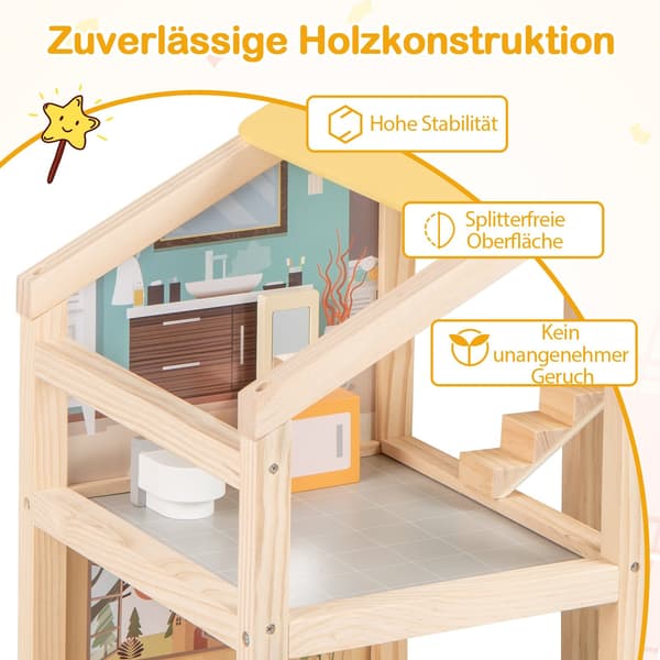 Trædukkehus med møbler og figurer, design til flere rum