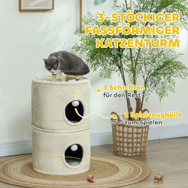 Kradsetønde, 69 cm høj kattetønde med 2 huler, legebold, delbar kradsestolpe, kattetårn til katte op til 5 kg, cremehvid