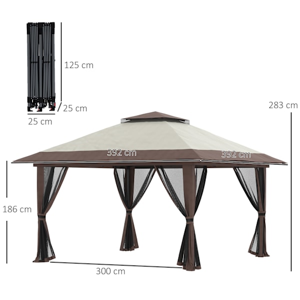 Folding Gazebo 4X4M Höjdjusterbart Trädgårdslusthus Med Uv-Skydd & Meshgardiner, Dubbeltak, Beige