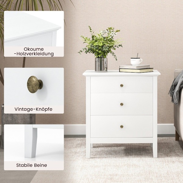 Sengebord med 3 skuffer, sidebord, natbord, natbord, hvid