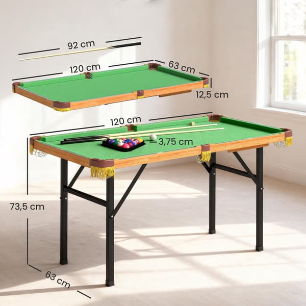 Hopfällbart minibiljardbord, 2 biljardköer, 16 bollar, grönt
