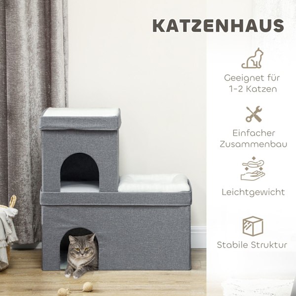 Kattgrotta katthus, katthus med 3 våningar, kattbädd med dyna, hundhus för katter upp till 5 kg, 74 x 37,5 x 78,5 cm, grå