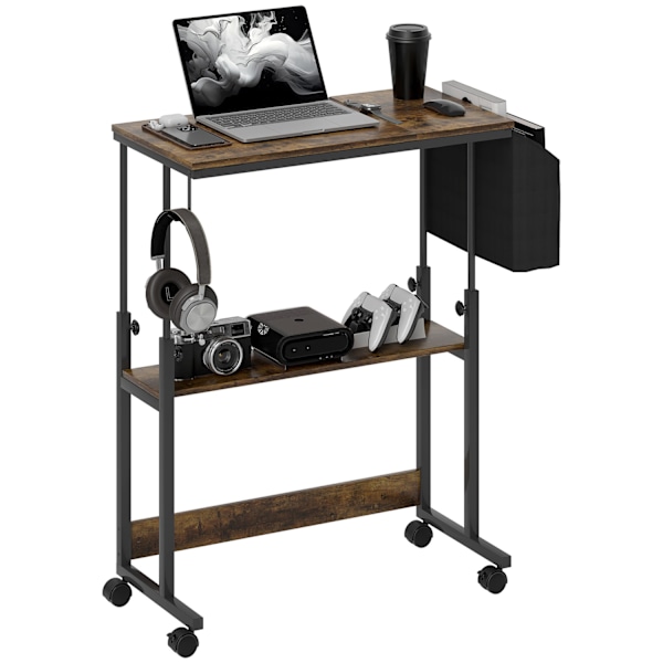 Højdejusterbart skrivebord 92 x 40 cm Computerskrivebord med hjul Vippeplatform Opbevaringspose til studiekontor Stål Rustik Brun