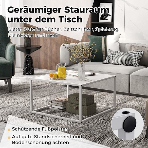 Sofabord i marmorlook rektangulært sofabord med metalstel 70 x 70 x 40 cm hvid