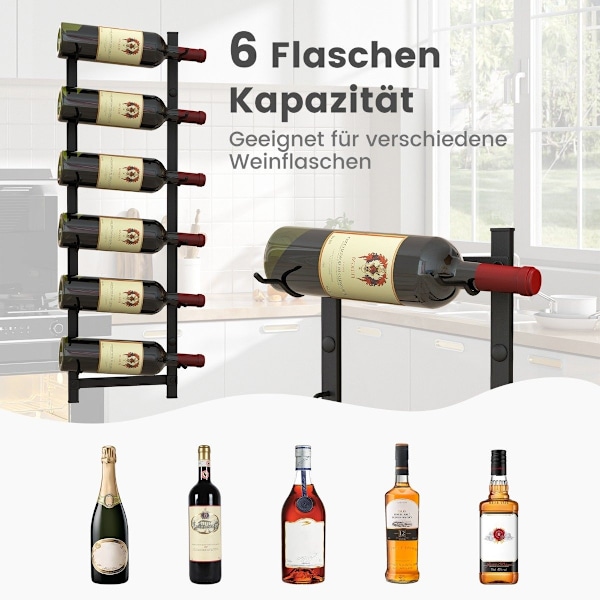 Vinreolvæg til 6 vinflasker metalflaskeholder 22 x 13,5 x 73cm sort