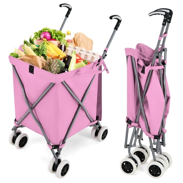 Taitettava ostoskärry pyörillä Tilavuus 90L/55kg käsikärry irrotettavalla Oxford-laukulla Pink
