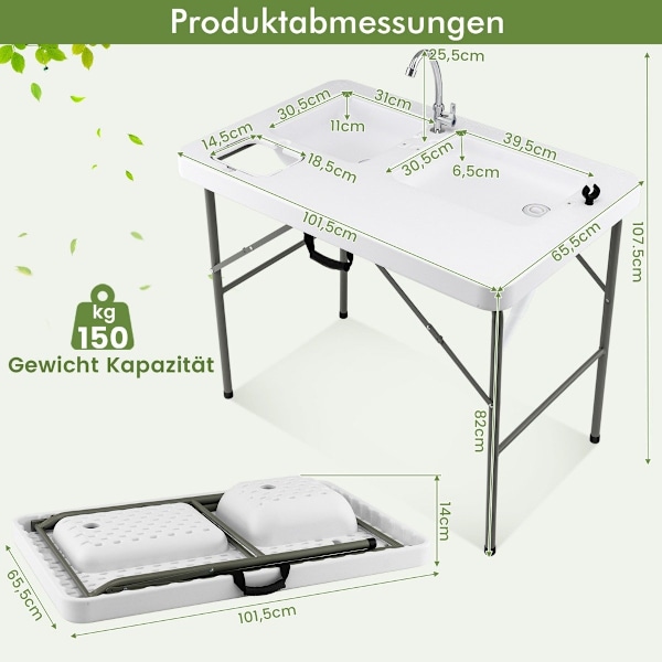 Kalanpuhdistuspöytä taittuva fileointipöytä 101,5 x 65,5 x 107,5 cm valkoinen