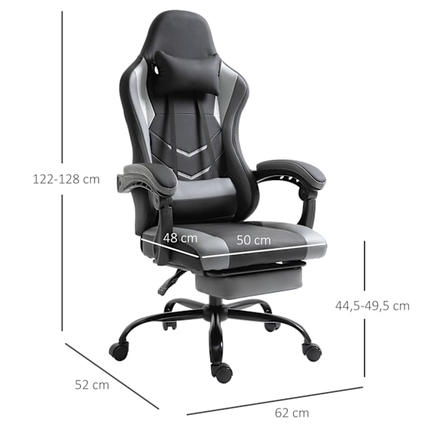 Gamingstol, höjdjusterbar inklusive nackstöd, justerbar svankkudde med fotstöd, ergonomisk, upp till 120 kg, svart