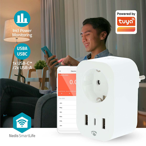 SmartLife Älypistorasia | Wi-Fi | IP21 | Virtamittari | 3680 W | Type F (CEE 7/7) / 1x USB-C™ / 2x USB | 0 - 55 °C | Android™ / IOS | Valkoinen | 1 kp