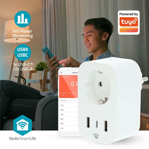SmartLife Smart Plug | Wi-Fi | IP21 | Effektmåler | 3680 W | Type F (CEE 7/7) / 1x USB-C™ / 2x USB | 0 - 55 °C | Android™ / IOS | Hvid | 1 stk.