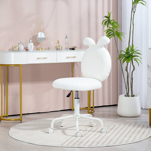 Kontorstol, skrivebordsstol med kaninører, højdejusterbar kosmetikstol med fløjlslook, drejestol, make-up stol til soveværelse, hvid Aosom
