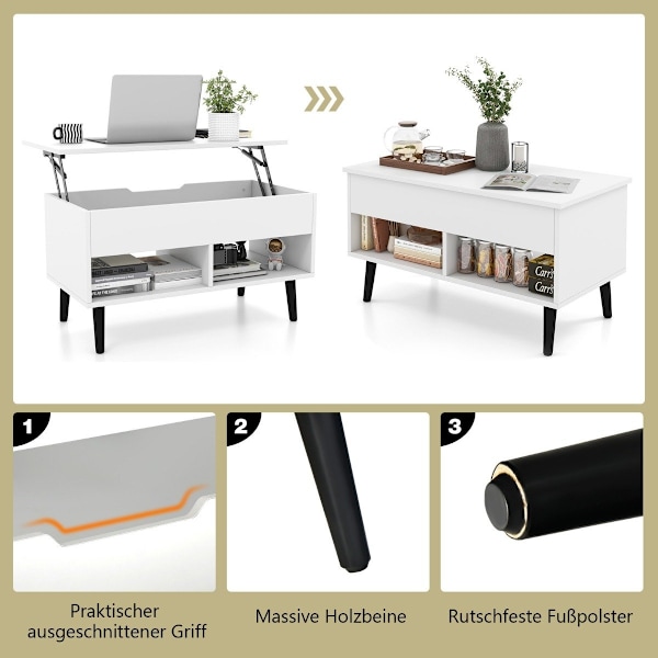 Soffbord med lyftbar bordsskiva Modernt vardagsrumsbord 80 x 40 x 44,5 cm vitt