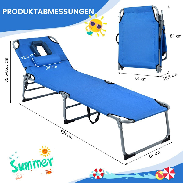 Solstol hopfällbar strandsäng 194 x 60 x 36-86 cm blå