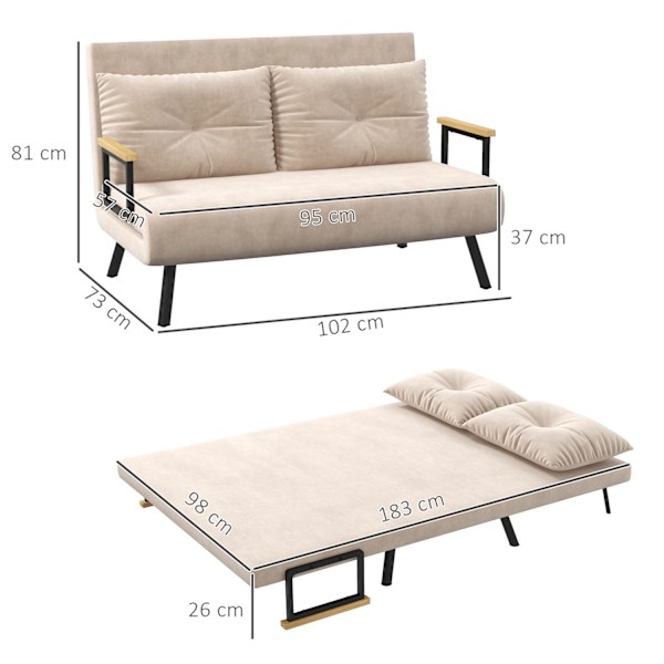 Sovesofa, Afslapningsstol Med Sengefunktion, Foldesofa Med Fløjlslook, Rygpude, Polstret Sofa Med Justerbart Ryglæn, Beige, 102 X 73 X 81 Cm