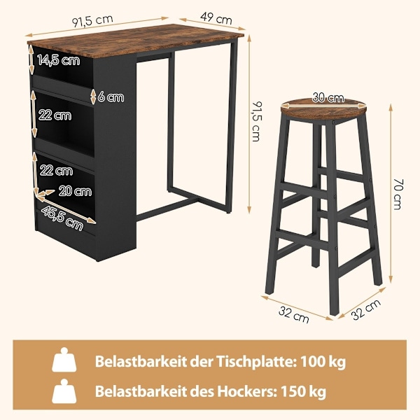 Køkkenbord med 2 taburetter, pladsbesparende bistrobord, bordbord, spisebordssæt, barbord