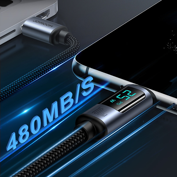 USB-C kabel med LED display 100W 1,2m sort