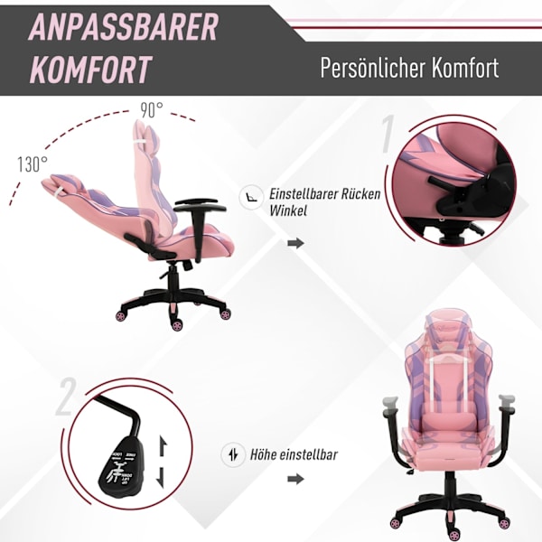 Gaming Chair Ergonominen Työtuoli, Kääntötuoli, Säädettävä Hieronta Lannetyyny, Korkeussäädettävä, Vaaleanpunainen & Purppura, 69X56X125,5Cm