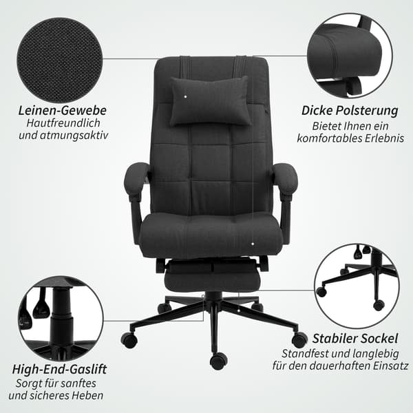 Kontorstol med fodstøtte, ergonomisk drejestol, sort