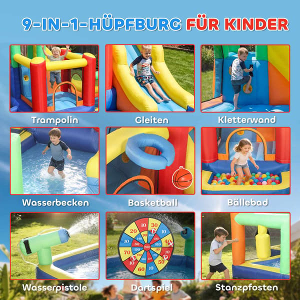 Oppusteligt hoppehus med rutsjebane og pool til børn 3-8 år