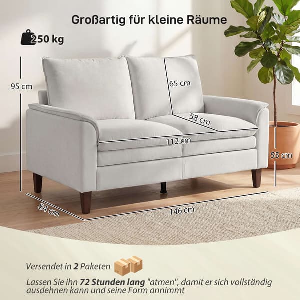 Chenille-soffa med två setar, krämfärgad, 24 cm dyna, hög rygg