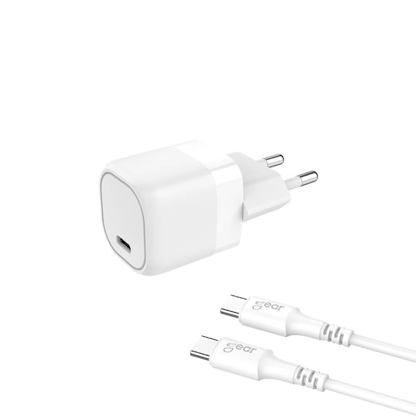 GEAR-laturi 220V 1xUSB-C valkoinen PD/PPS 25W kaapeli USB-C–USB-C 3A