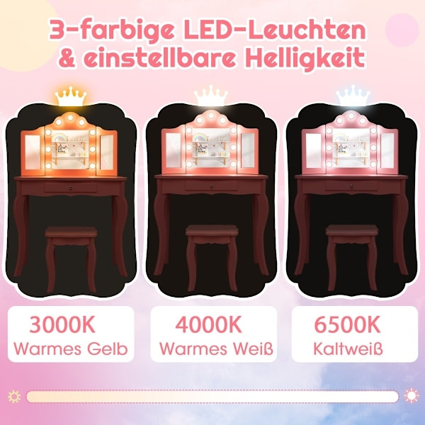 2 in 1 lasten peilipöytä LED-valoilla ja taitettavalla peilillä ja laatikoilla vaaleanpunainen
