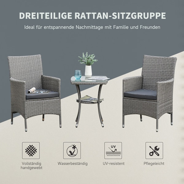 Havemøbelsæt I Rattan Med Sidebord Bistrosæt 3-Delt. Altanmøbelsæt Rattan Havesæt Siddepladser Polyrattan + Stål 60X58,5X89,5 Cm