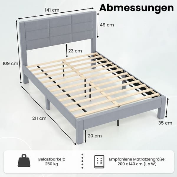 Platform Sengeramme til 200x140 cm Madras, Grå Fløjl