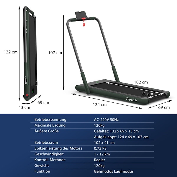 2-i-1 foldbart løbebånd med APP og fjernbetjening Mobiltelefonholder LED-display og højttaler grøn