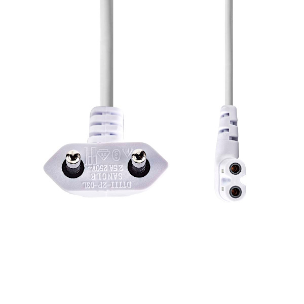 Strömkabel | Euro Man | IEC-320-C7 | Vinklat | Vinklat vänster | Nickelplaterad | 2.00 m | Platt | PVC | Vit | Label