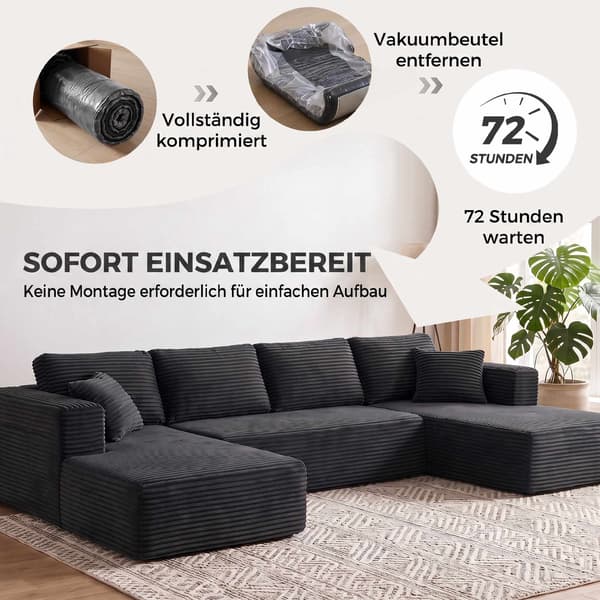 Modulär U-formad bäddsoffa med schäslonger, mörkgrå manschett