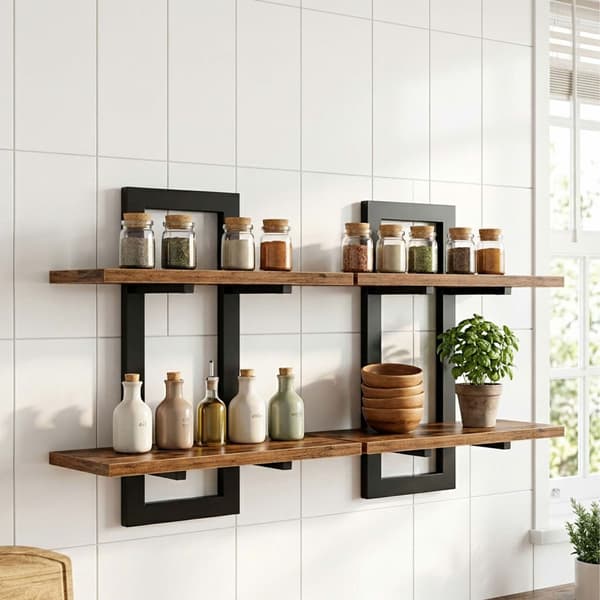 Vägghylla set om 2, MDF och järn – brun